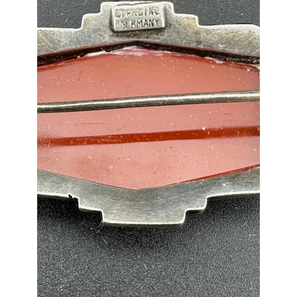 Vintage Art Deco 1920s Carnelian Sterling Silver Marcasite Brooch Pin Germany